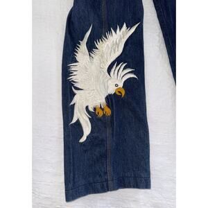 Vik Vizette Vtg 1970s Denim Jeans Embroidered Cockatoo Hippie Bell Bottom Sz 36